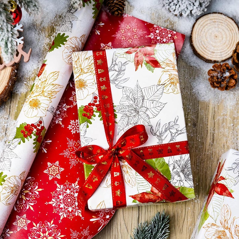 MAYPLUSS Christmas Wrapping Paper Roll, Vintage Reversible Christmas Gift Wrap with Poinsettia Design, Watercolor Red Green Floral Gift Wrapping Paper Holiday Present Packaging (17 Inch X 33 Feet) - Image 2